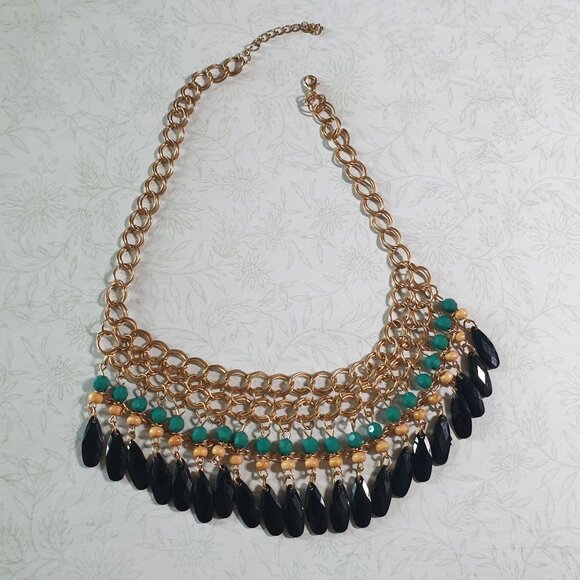 Vintage Gold Tone Chain Link Statement Necklace Waterfall Beads Adjustable Bali - Picture 1 of 5